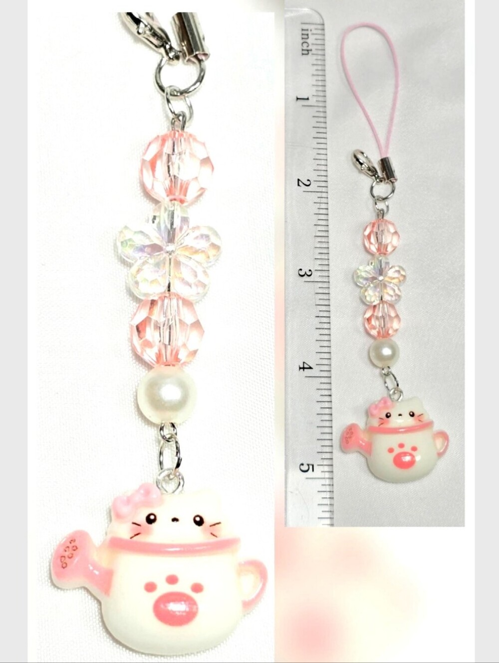 Whimsical Kawaii Hello Kitty Flat Back White, Pink Keychain Phone Bag Charm - Picture 2 of 2